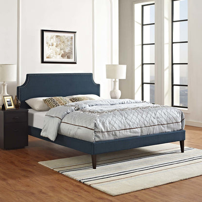Corene King Fabric Platform Bed with Squared Tapered Legs, King Size, Fabric Copper Nail Rivet, Navy Blue, 14639