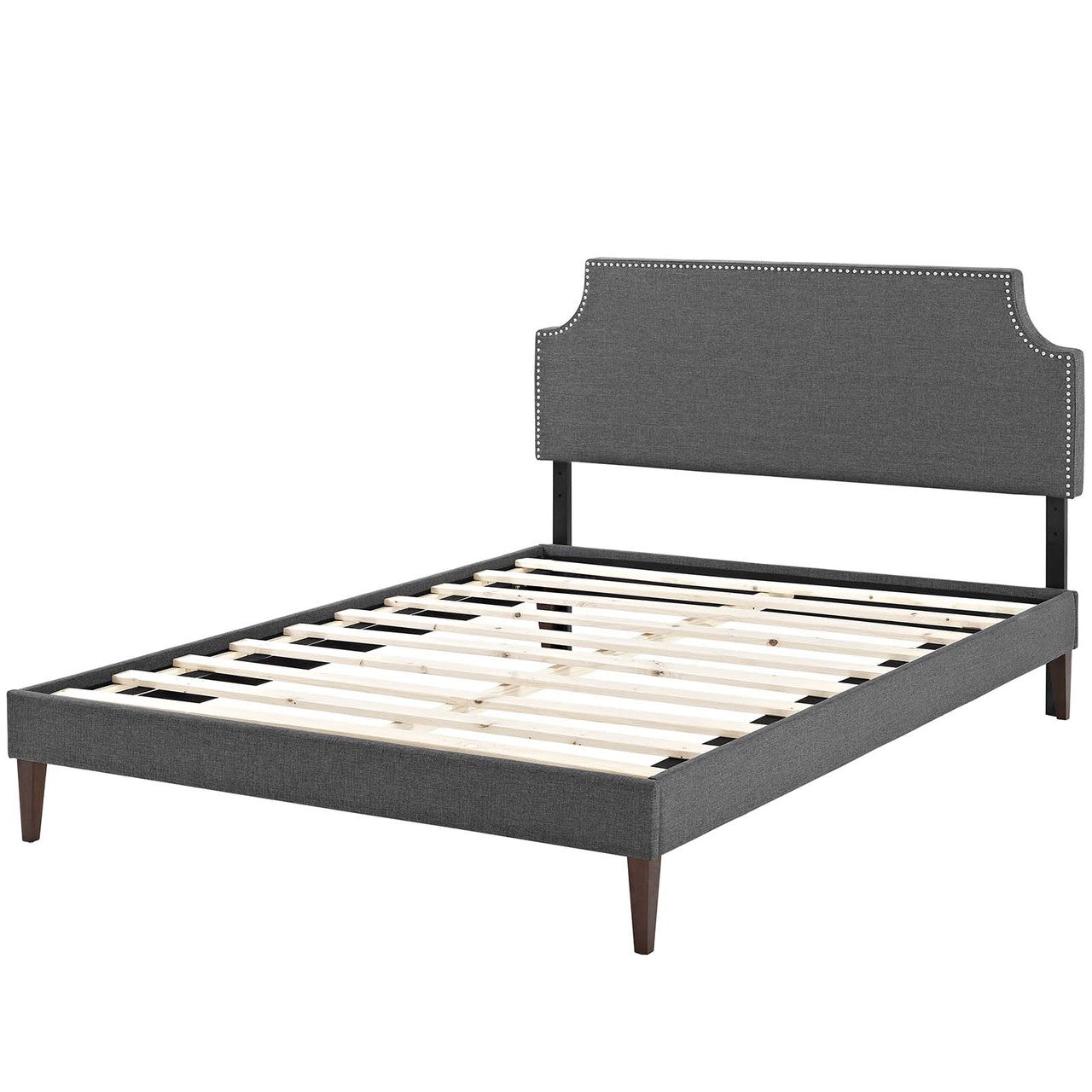 Corene King Fabric Platform Bed with Squared Tapered Legs, King Size, Fabric Copper Nail Rivet, Grey Gray, 14641