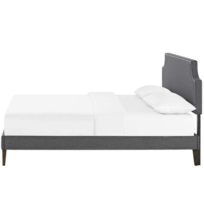 Corene King Fabric Platform Bed with Squared Tapered Legs, King Size, Fabric Copper Nail Rivet, Grey Gray, 14641
