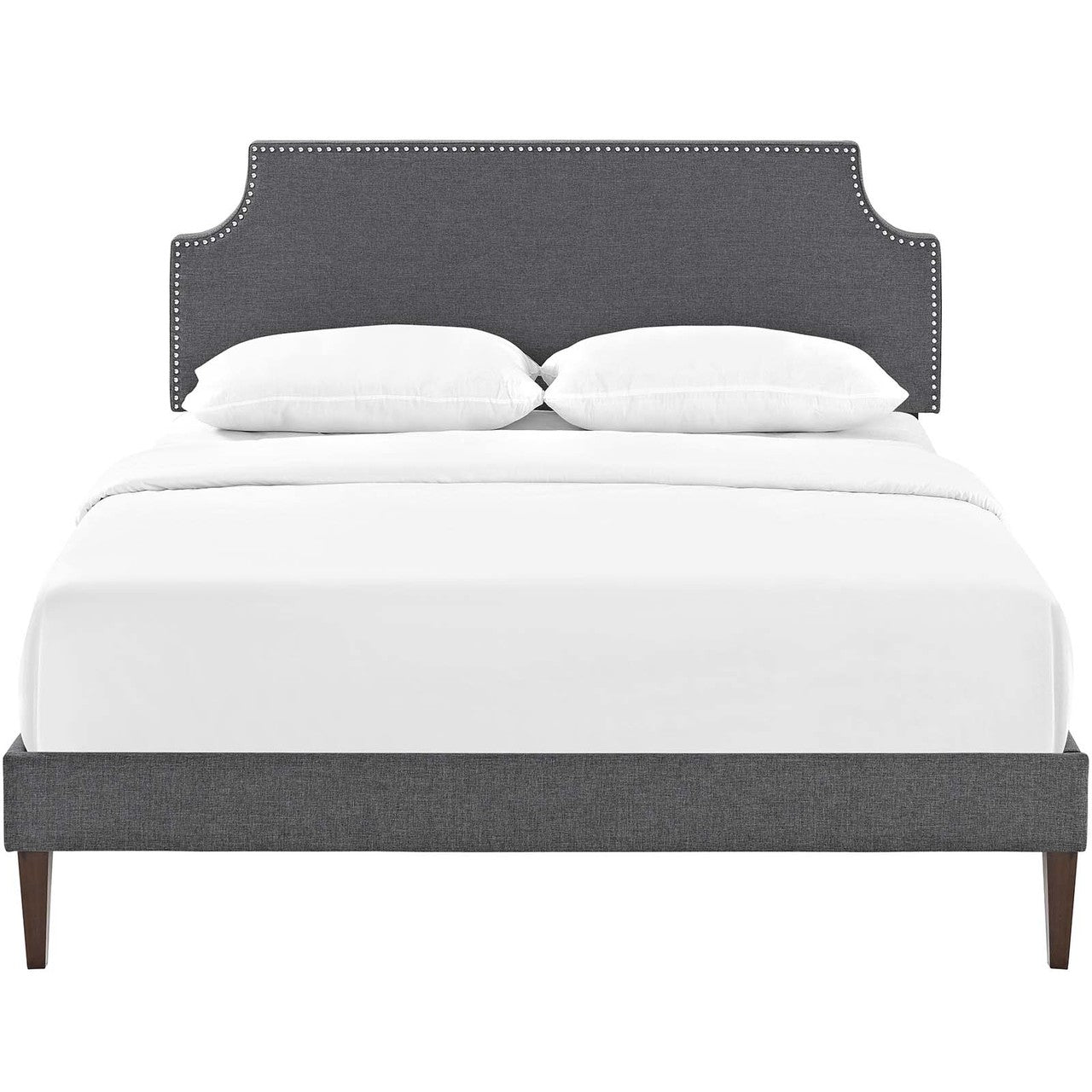 Corene King Fabric Platform Bed with Squared Tapered Legs, King Size, Fabric Copper Nail Rivet, Grey Gray, 14641