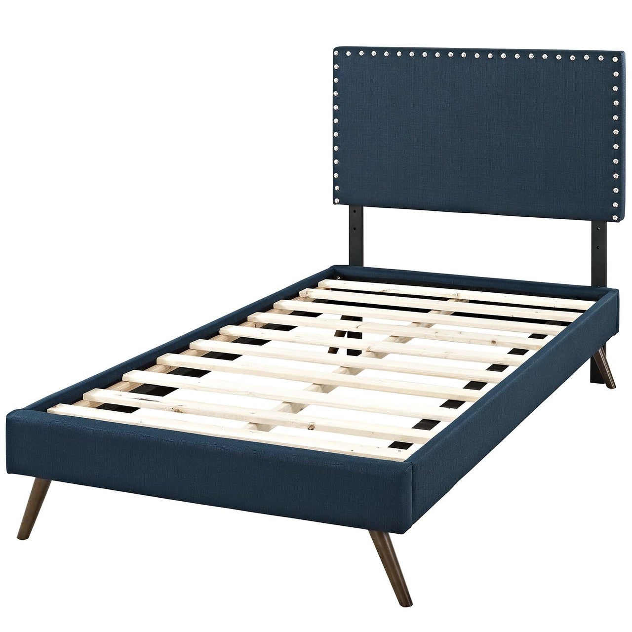 Macie Twin Fabric Platform Bed with Round Splayed Legs, Twin Size, Fabric, Navy Blue, 14644