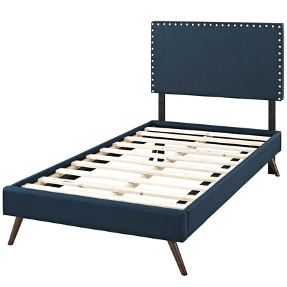 Macie Twin Fabric Platform Bed with Round Splayed Legs, Twin Size, Fabric, Navy Blue, 14644