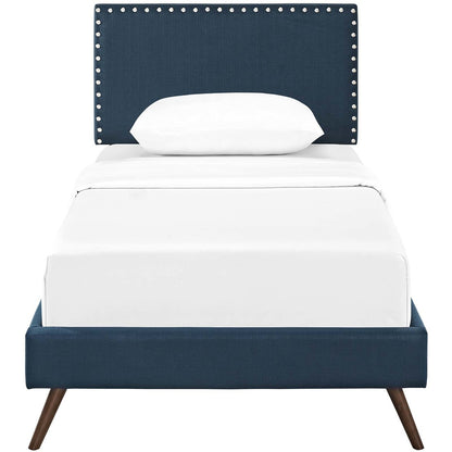 Macie Twin Fabric Platform Bed with Round Splayed Legs, Twin Size, Fabric, Navy Blue, 14644