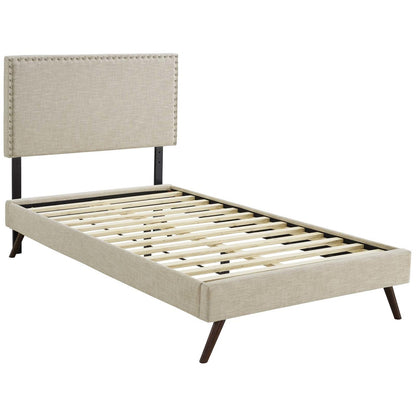 Macie Twin Fabric Platform Bed with Round Splayed Legs, Twin Size, Fabric, Beige, 14645