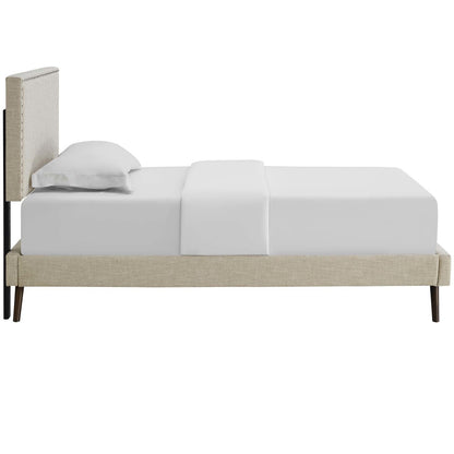 Macie Twin Fabric Platform Bed with Round Splayed Legs, Twin Size, Fabric, Beige, 14645