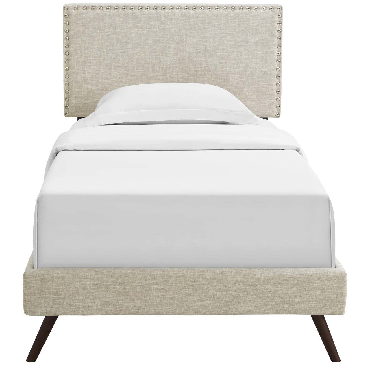 Macie Twin Fabric Platform Bed with Round Splayed Legs, Twin Size, Fabric, Beige, 14645