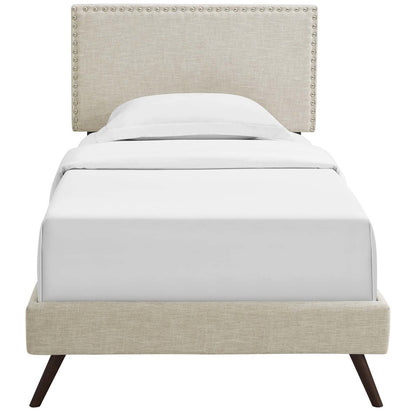 Macie Twin Fabric Platform Bed with Round Splayed Legs, Twin Size, Fabric, Beige, 14645