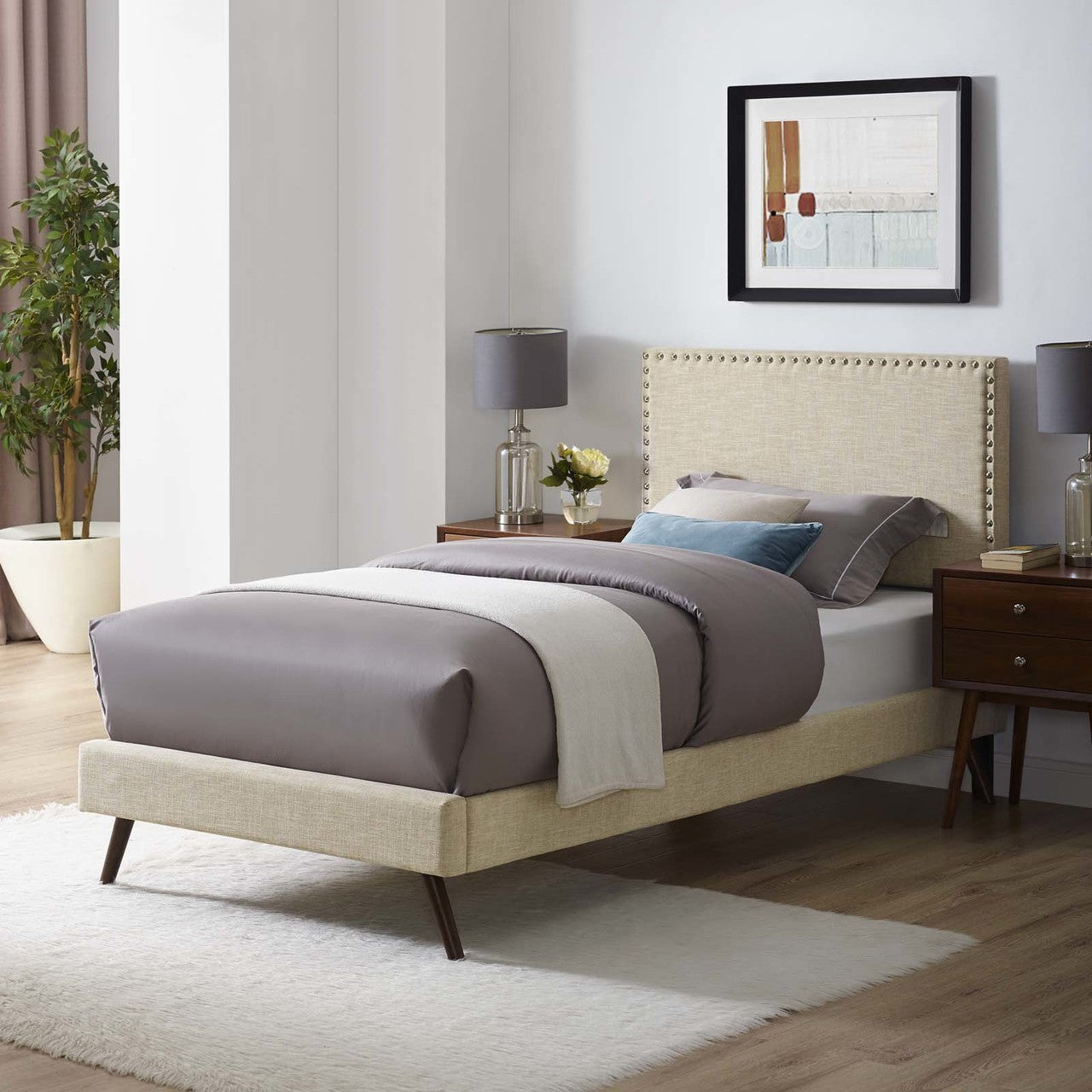Macie Twin Fabric Platform Bed with Round Splayed Legs, Twin Size, Fabric, Beige, 14645