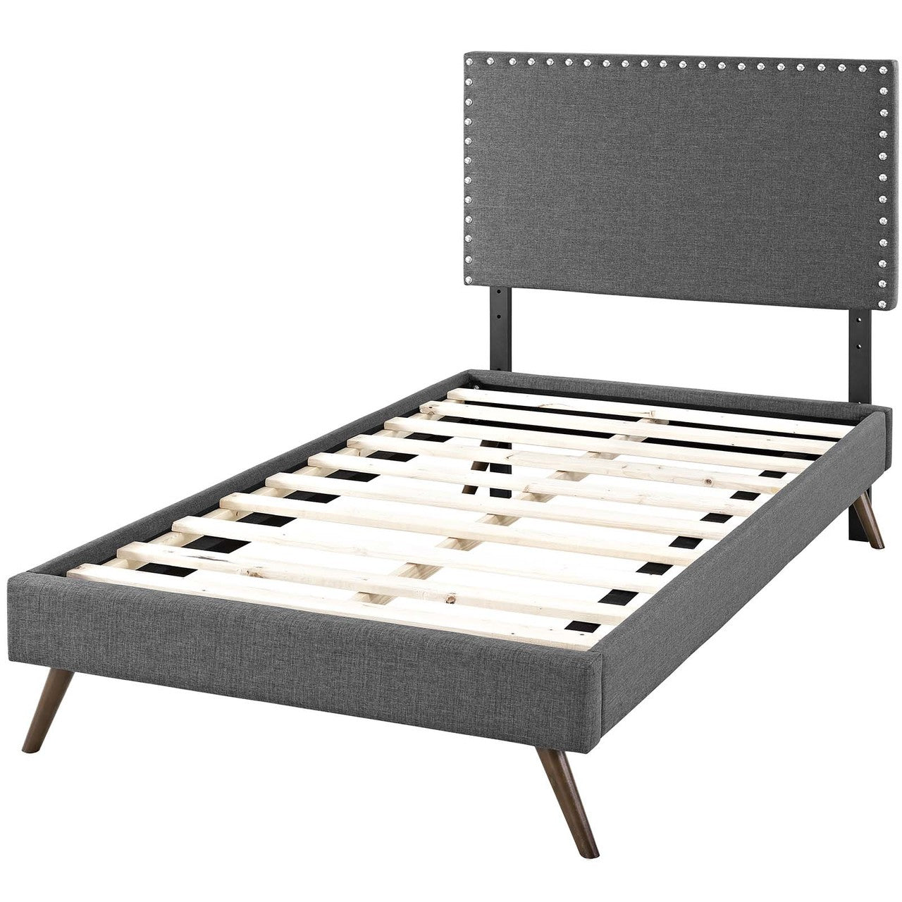 Macie Twin Fabric Platform Bed with Round Splayed Legs, Twin Size, Fabric, Grey Gray, 14646