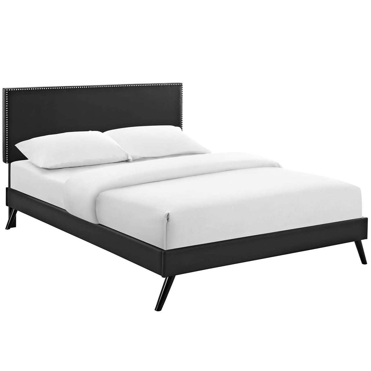 Macie Full Vinyl Platform Bed with Round Splayed Legs, Full Size, Faux Vinyl Leather, Black, 14647