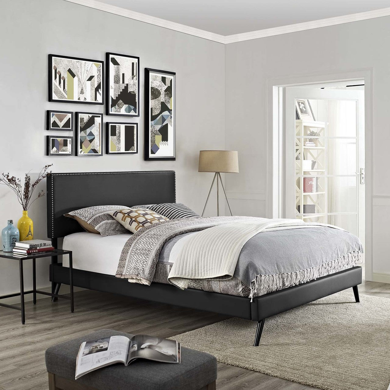 Macie Full Vinyl Platform Bed with Round Splayed Legs, Full Size, Faux Vinyl Leather, Black, 14647
