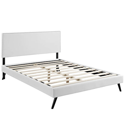 Macie Full Vinyl Platform Bed with Round Splayed Legs, Full Size, Faux Vinyl Leather, White, 14648