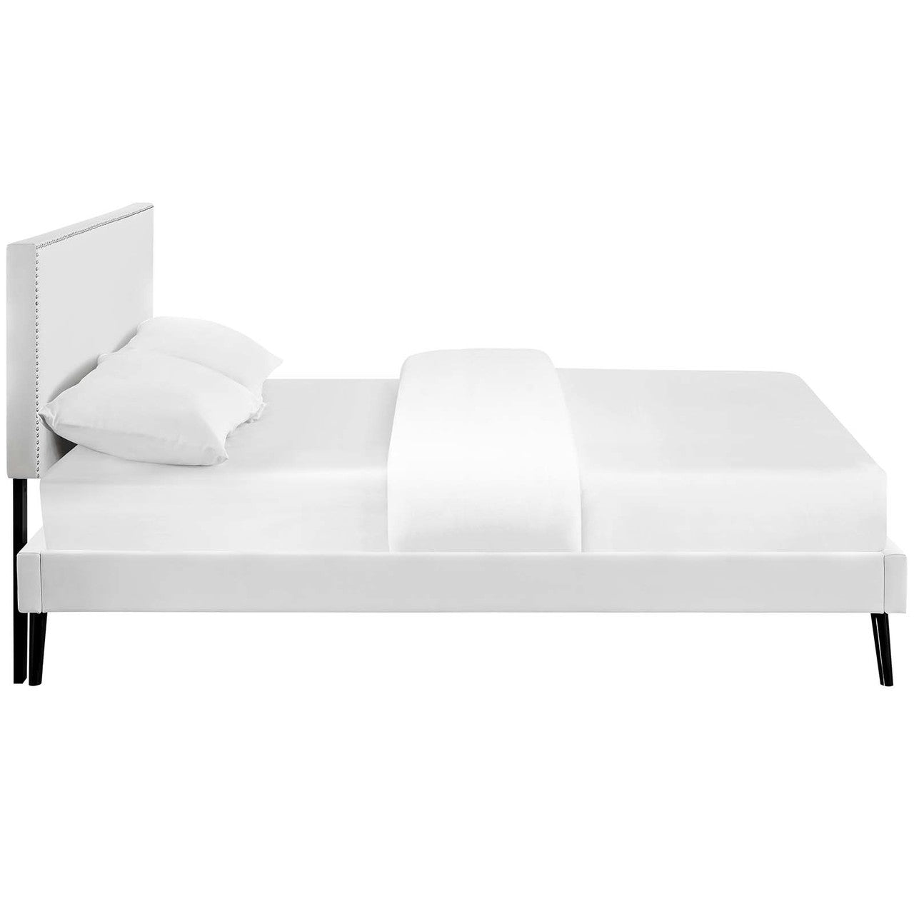 Macie Full Vinyl Platform Bed with Round Splayed Legs, Full Size, Faux Vinyl Leather, White, 14648