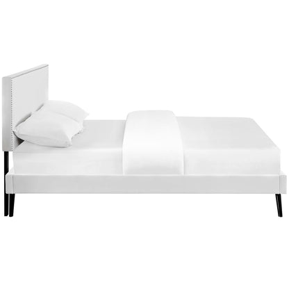 Macie Full Vinyl Platform Bed with Round Splayed Legs, Full Size, Faux Vinyl Leather, White, 14648