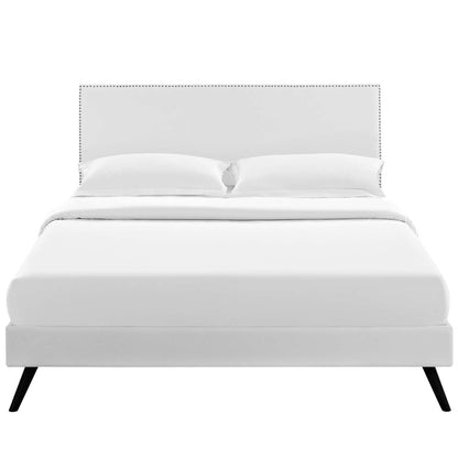 Macie Full Vinyl Platform Bed with Round Splayed Legs, Full Size, Faux Vinyl Leather, White, 14648