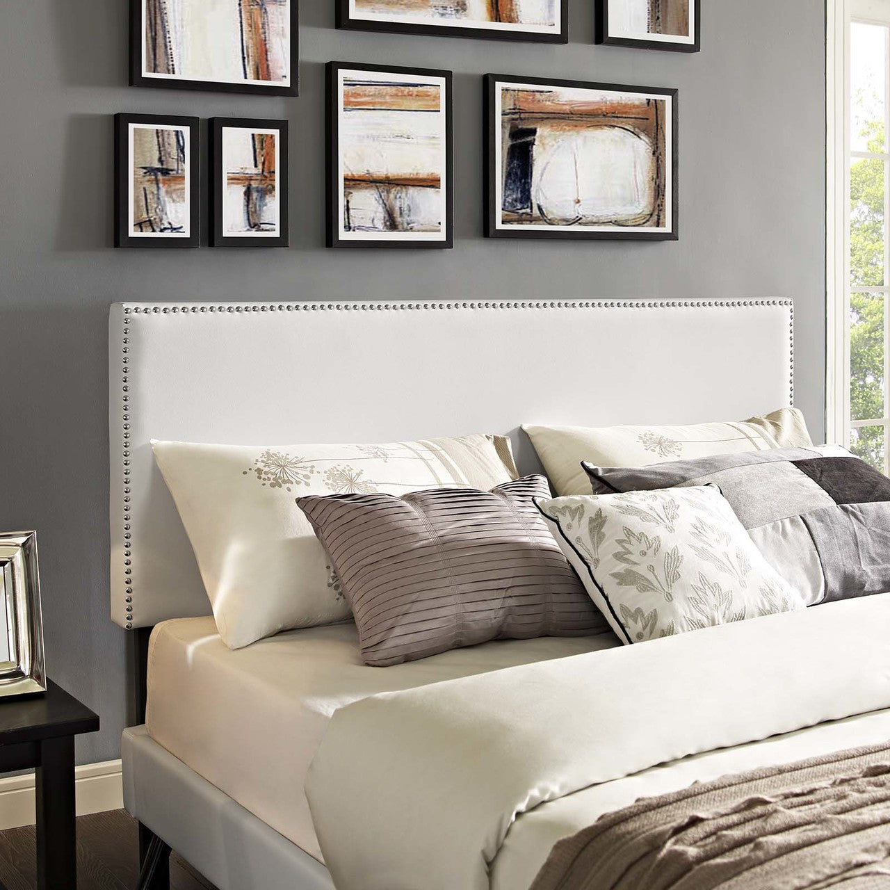 Macie Full Vinyl Platform Bed with Round Splayed Legs, Full Size, Faux Vinyl Leather, White, 14648