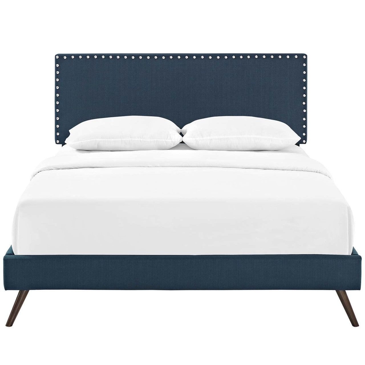 Macie Full Fabric Platform Bed with Round Splayed Legs, Full Size, Fabric, Navy Blue, 14649