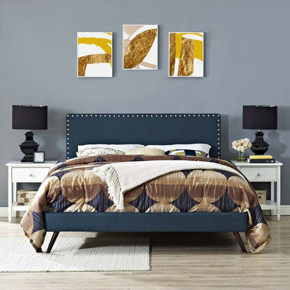 Macie Full Fabric Platform Bed with Round Splayed Legs, Full Size, Fabric, Navy Blue, 14649