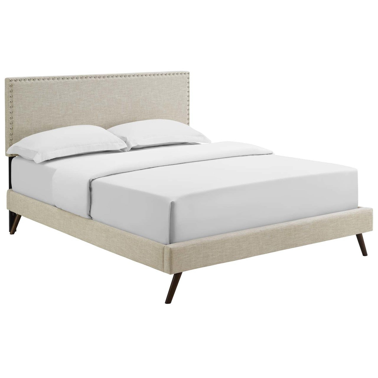 Macie Full Fabric Platform Bed with Round Splayed Legs, Full Size, Fabric, Beige, 14650