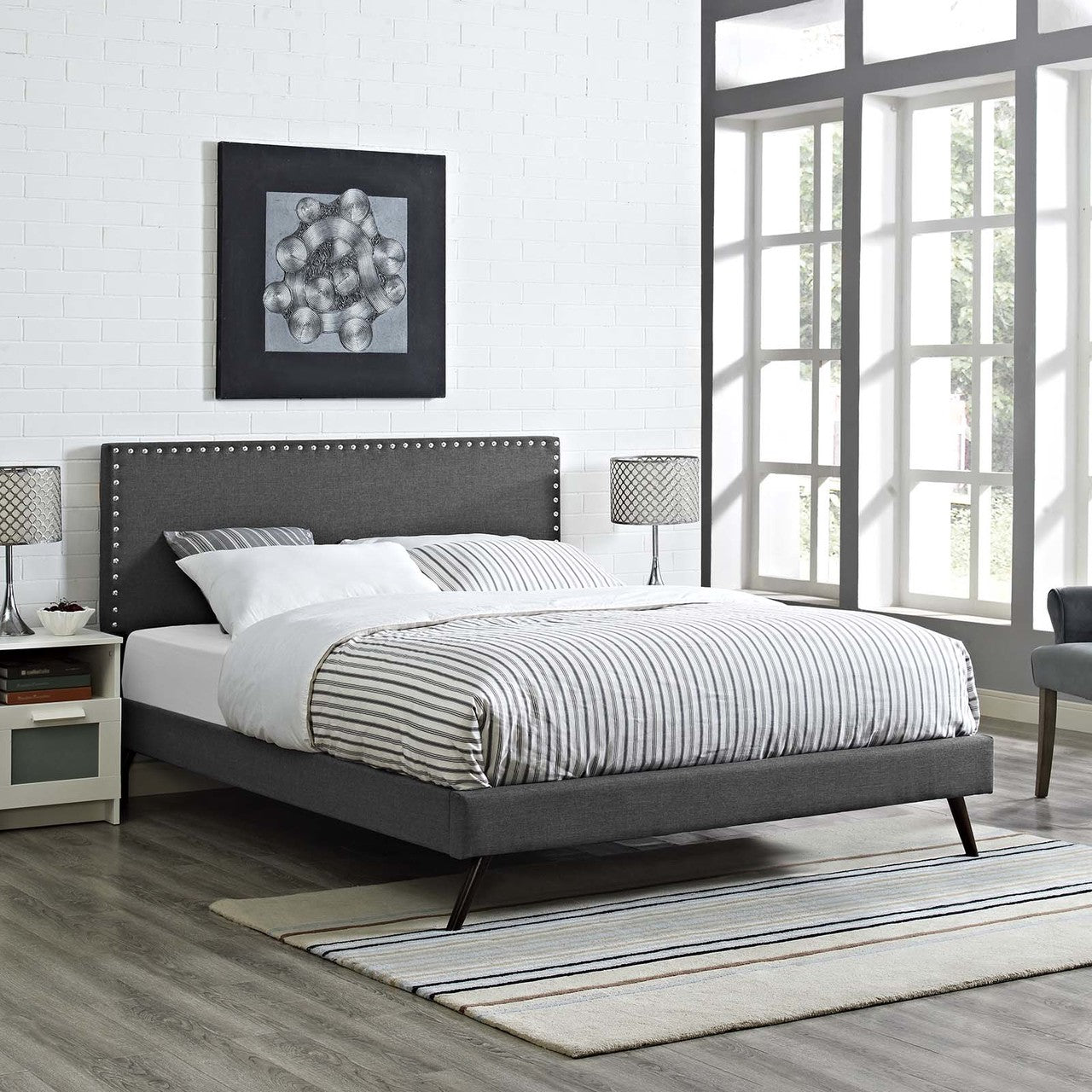 Macie Full Fabric Platform Bed with Round Splayed Legs, Full Size, Fabric, Grey Gray, 14651