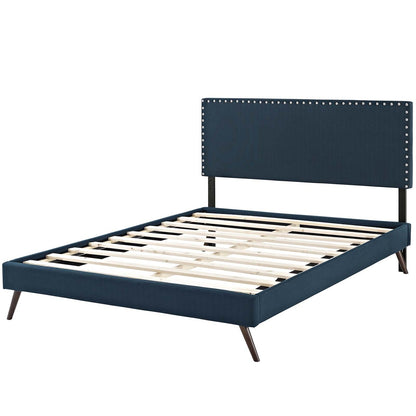 Macie Queen Fabric Platform Bed with Round Splayed Legs, Queen Size, Fabric, Navy Blue, 14654