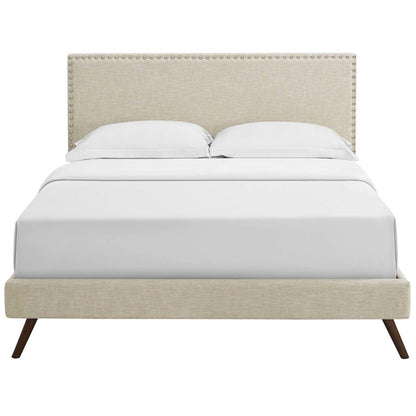 Macie Queen Fabric Platform Bed with Round Splayed Legs, Queen Size, Fabric, Beige, 14655
