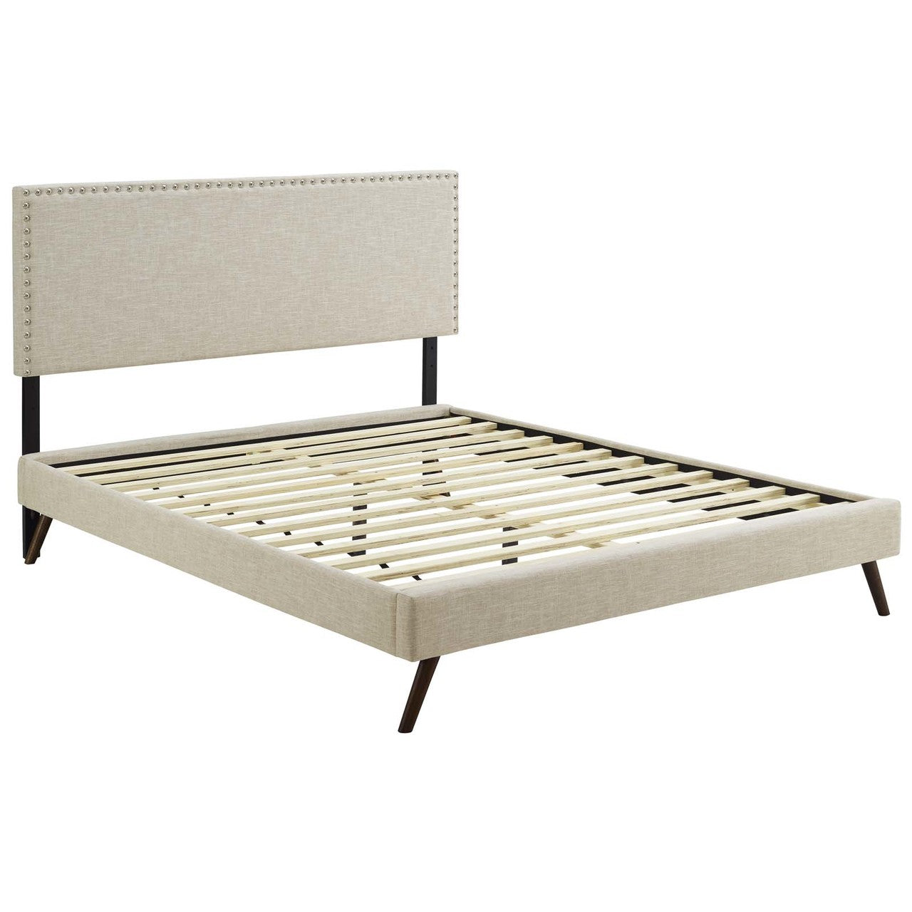 Macie King Fabric Platform Bed with Round Splayed Legs, King Size, Fabric, Beige, 14660