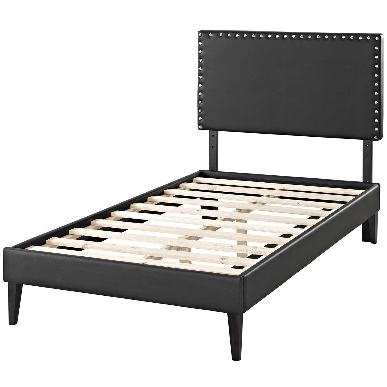 Macie Twin Vinyl Platform Bed with Squared Tapered Legs, Twin Size, Faux Vinyl Leather, Black, 14662