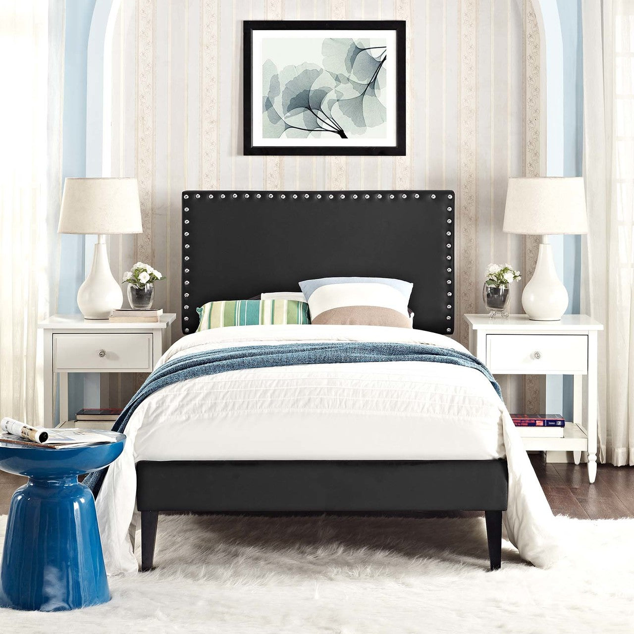 Macie Twin Vinyl Platform Bed with Squared Tapered Legs, Twin Size, Faux Vinyl Leather, Black, 14662