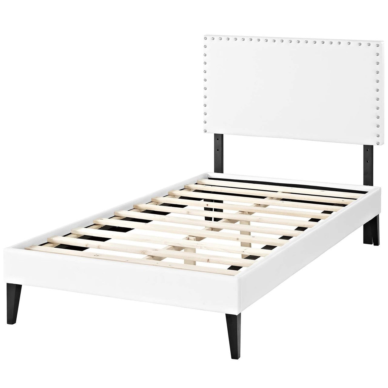 Macie Twin Vinyl Platform Bed with Squared Tapered Legs, Twin Size, Faux Vinyl Leather, White, 14663