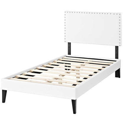 Macie Twin Vinyl Platform Bed with Squared Tapered Legs, Twin Size, Faux Vinyl Leather, White, 14663