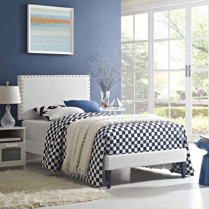 Macie Twin Vinyl Platform Bed with Squared Tapered Legs, Twin Size, Faux Vinyl Leather, White, 14663