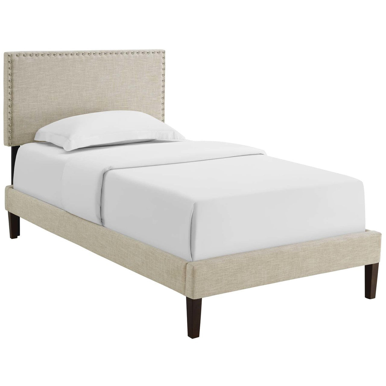 Macie Twin Fabric Platform Bed with Squared Tapered Legs, Twin Size, Fabric, Beige, 14665
