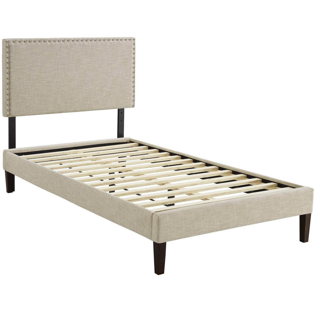 Macie Twin Fabric Platform Bed with Squared Tapered Legs, Twin Size, Fabric, Beige, 14665
