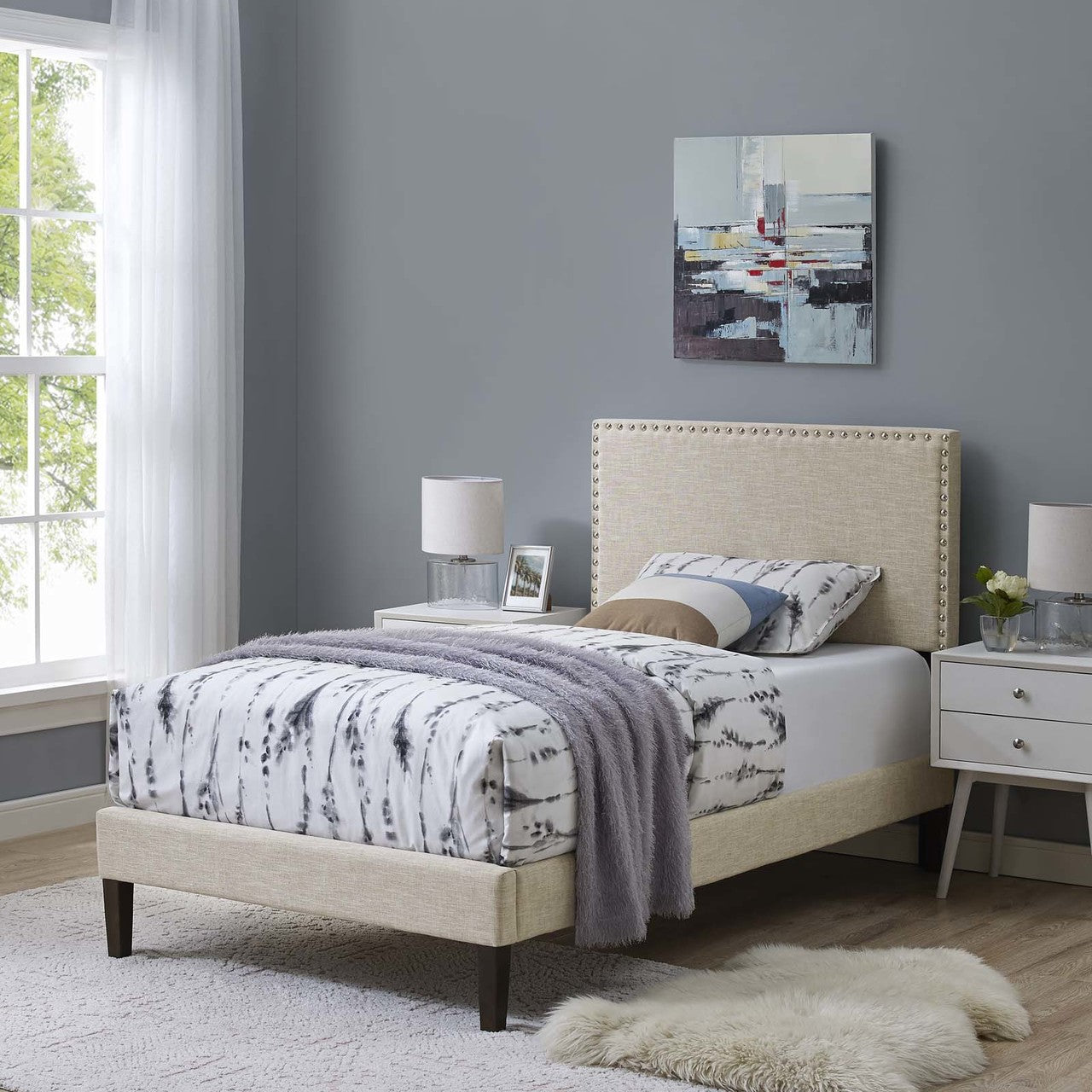 Macie Twin Fabric Platform Bed with Squared Tapered Legs, Twin Size, Fabric, Beige, 14665