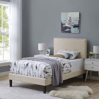 Macie Twin Fabric Platform Bed with Squared Tapered Legs, Twin Size, Fabric, Beige, 14665