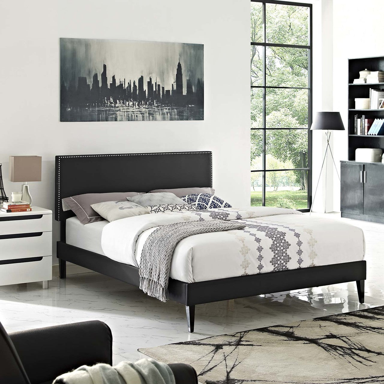 Macie Full Vinyl Platform Bed with Squared Tapered Legs, Full Size, Faux Vinyl Leather, Black, 14667
