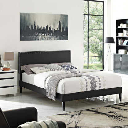 Macie Full Vinyl Platform Bed with Squared Tapered Legs, Full Size, Faux Vinyl Leather, Black, 14667