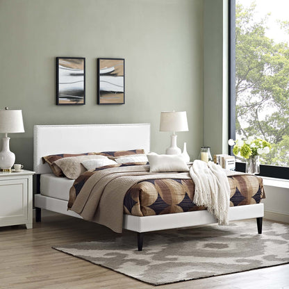 Macie Full Vinyl Platform Bed with Squared Tapered Legs, Full Size, Faux Vinyl Leather, White, 14668