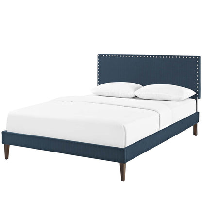 Macie Full Fabric Platform Bed with Squared Tapered Legs, Full Size, Fabric, Navy Blue, 14669