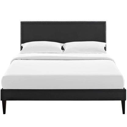 Macie Queen Vinyl Platform Bed with Squared Tapered Legs, Queen Size, Faux Vinyl Leather, Black, 14672