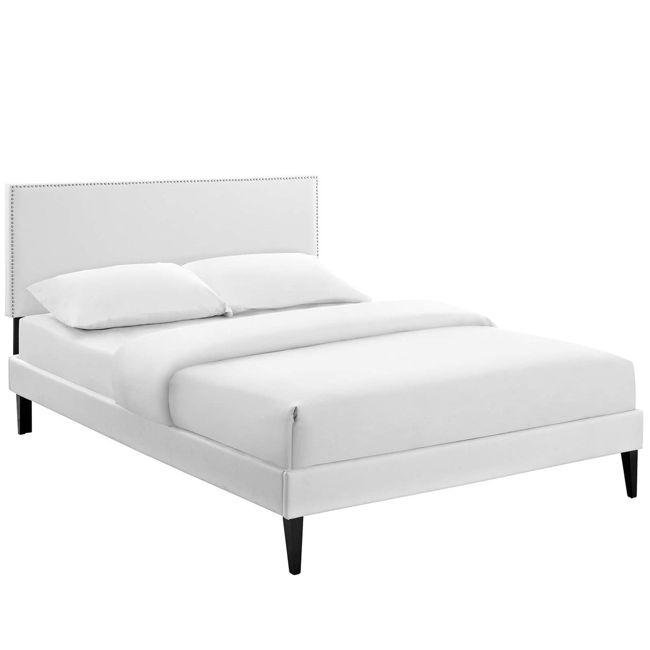 Macie King Vinyl Platform Bed with Squared Tapered Legs, King Size, Faux Vinyl Leather, White, 14678