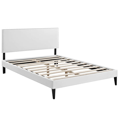 Macie King Vinyl Platform Bed with Squared Tapered Legs, King Size, Faux Vinyl Leather, White, 14678