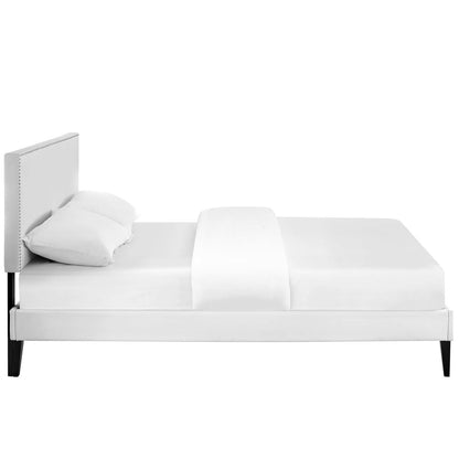 Macie King Vinyl Platform Bed with Squared Tapered Legs, King Size, Faux Vinyl Leather, White, 14678