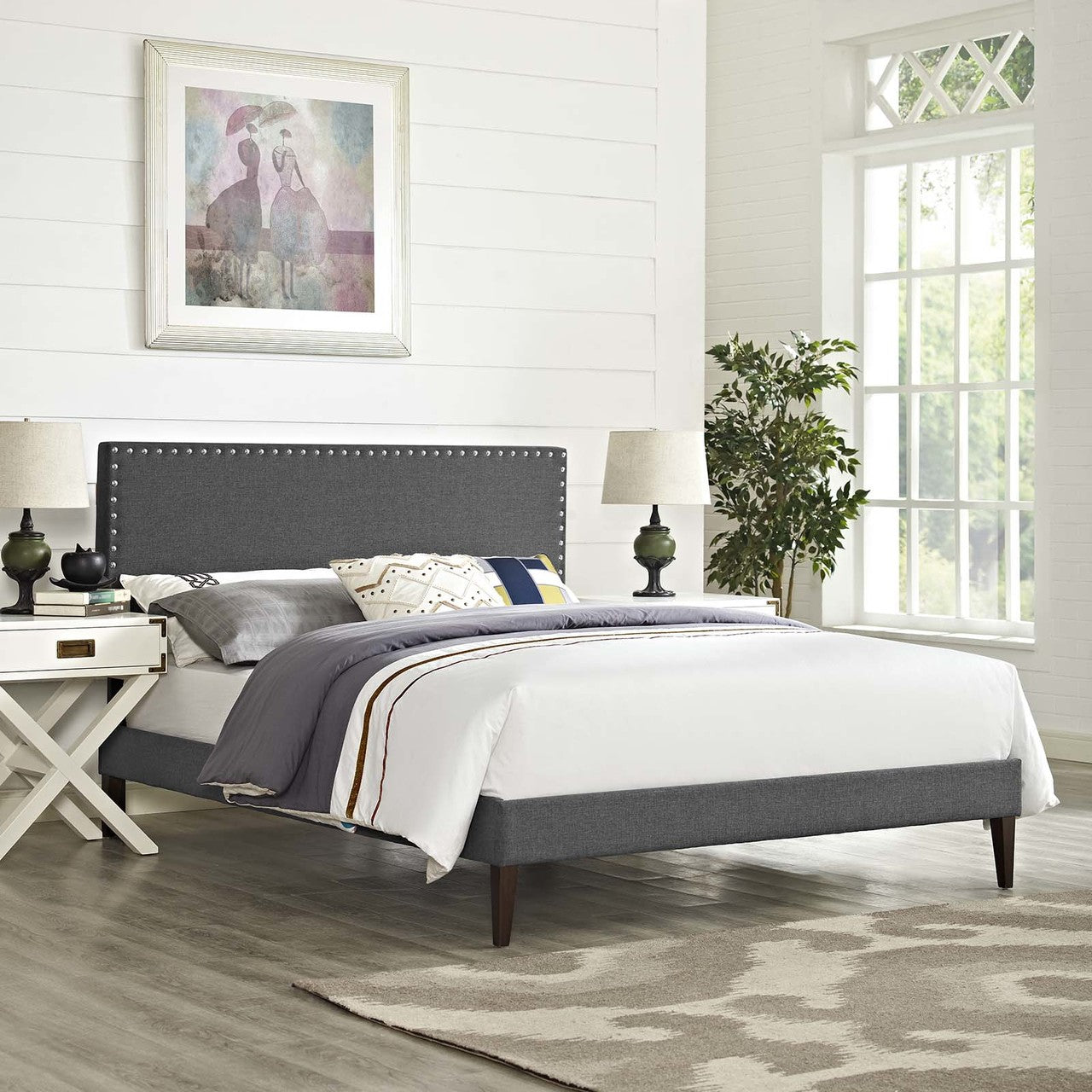 Macie King Fabric Platform Bed with Squared Tapered Legs, King Size, Fabric, Grey Gray, 14681