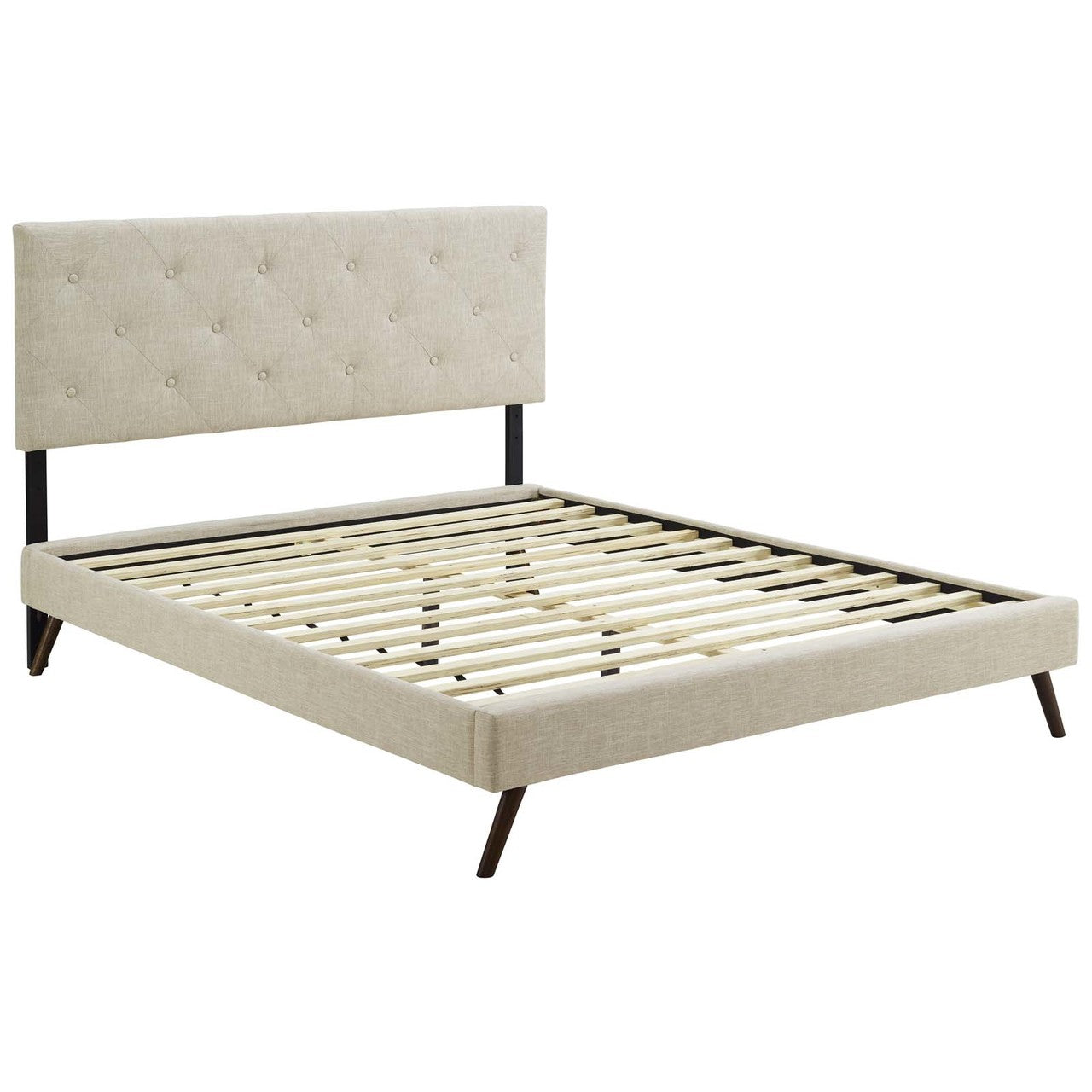 Tarah King Fabric Platform Bed with Round Splayed Legs, King Size, Fabric, Beige, 14700