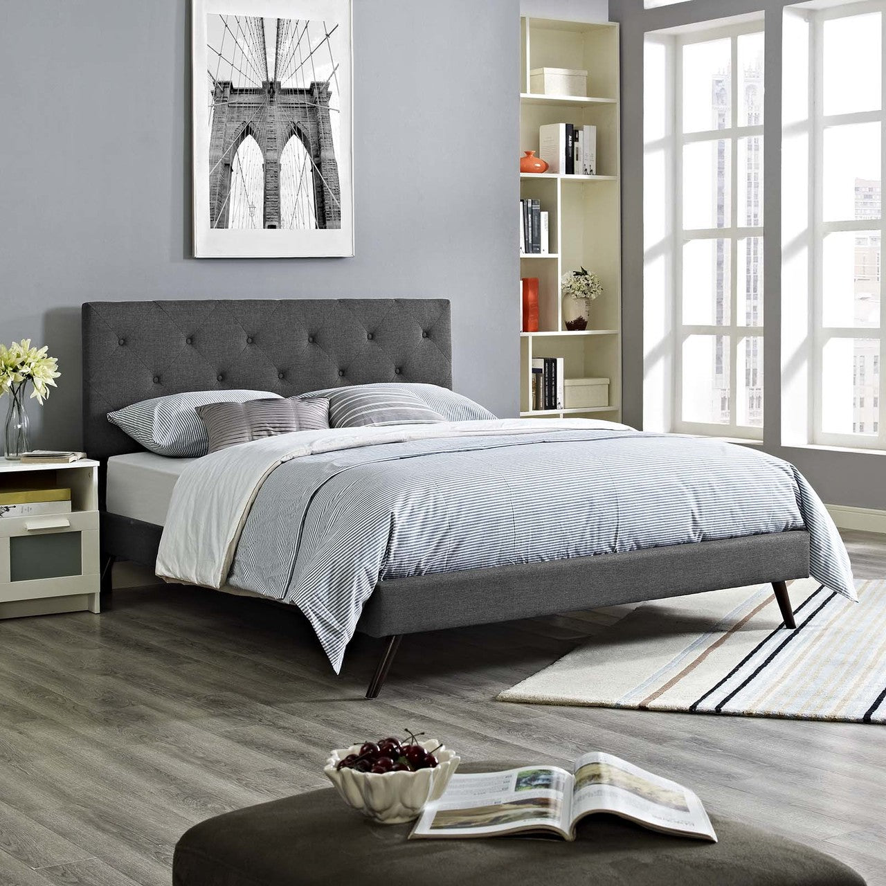 Tarah King Fabric Platform Bed with Round Splayed Legs, King Size, Fabric, Grey Gray, 14701