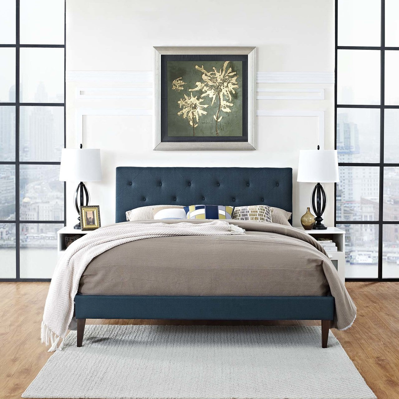 Tarah Queen Fabric Platform Bed with Squared Tapered Legs, Queen Size, Fabric, Navy Blue, 14714