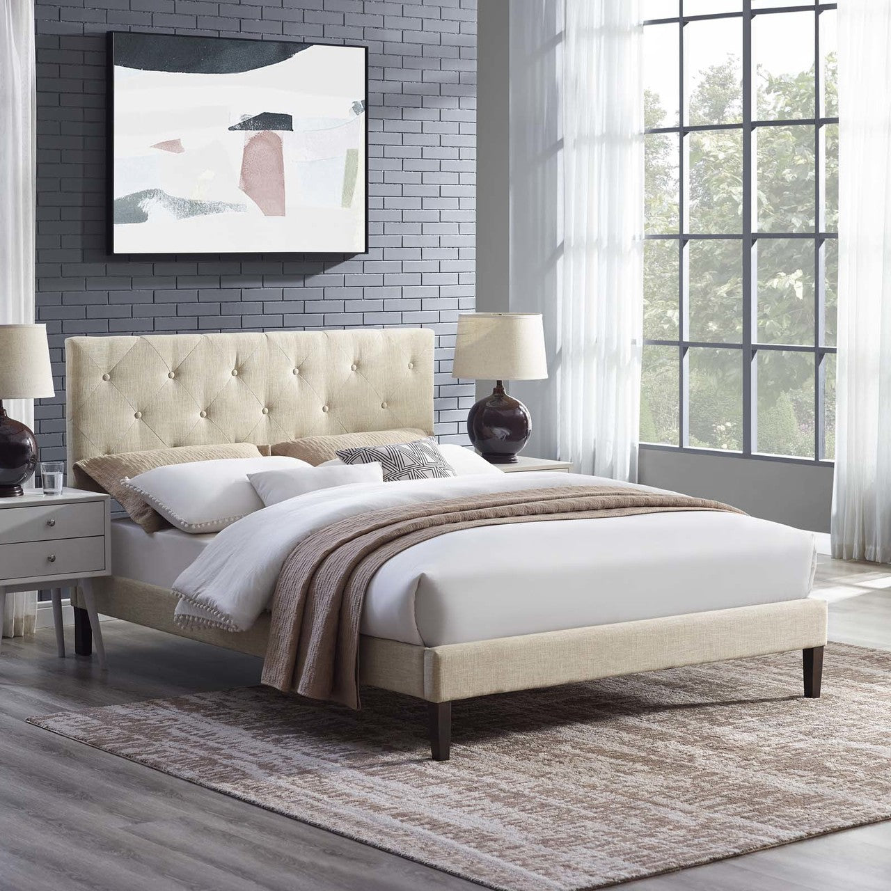 Tarah King Fabric Platform Bed with Squared Tapered Legs, King Size, Fabric, Beige, 14720