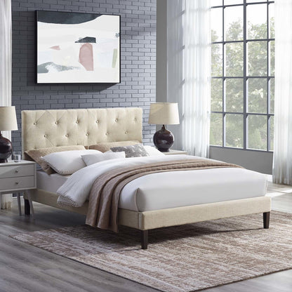 Tarah King Fabric Platform Bed with Squared Tapered Legs, King Size, Fabric, Beige, 14720